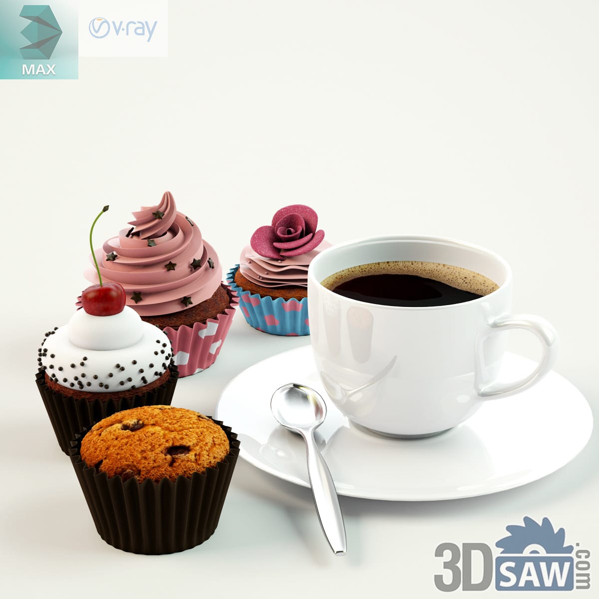 Pink-swirled cherry cupcake, a rose cupcake, a muffin and a domed cake beside a cup of black coffee on a saucer