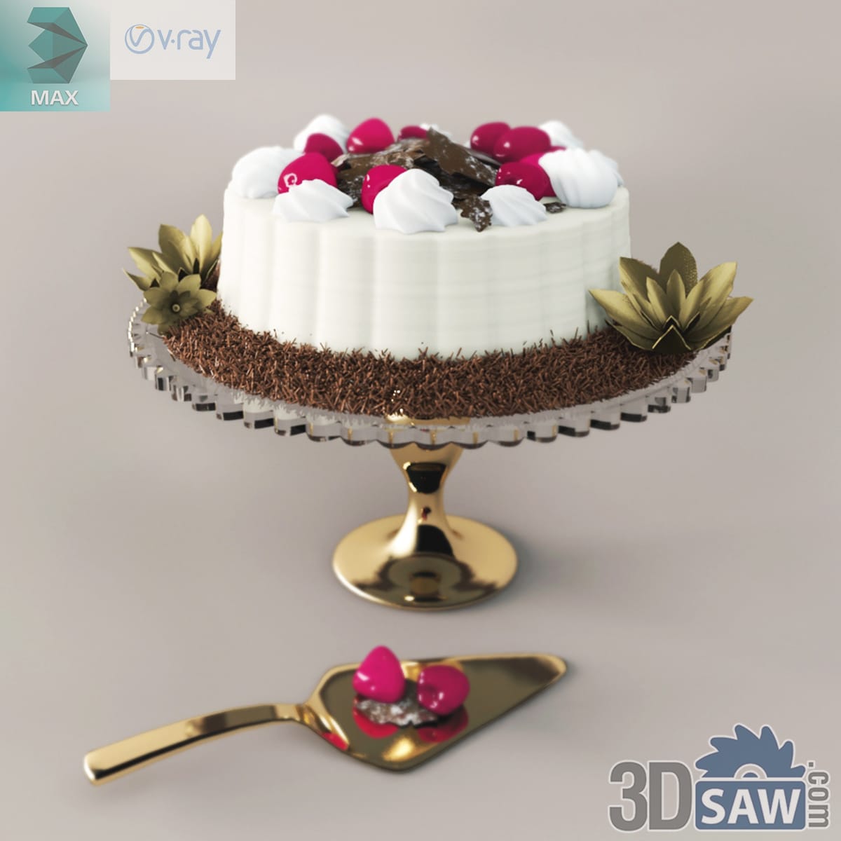 Ridged white cake with piped cream, magenta sugar hearts and chocolate on a gold-stemmed glass cake stand