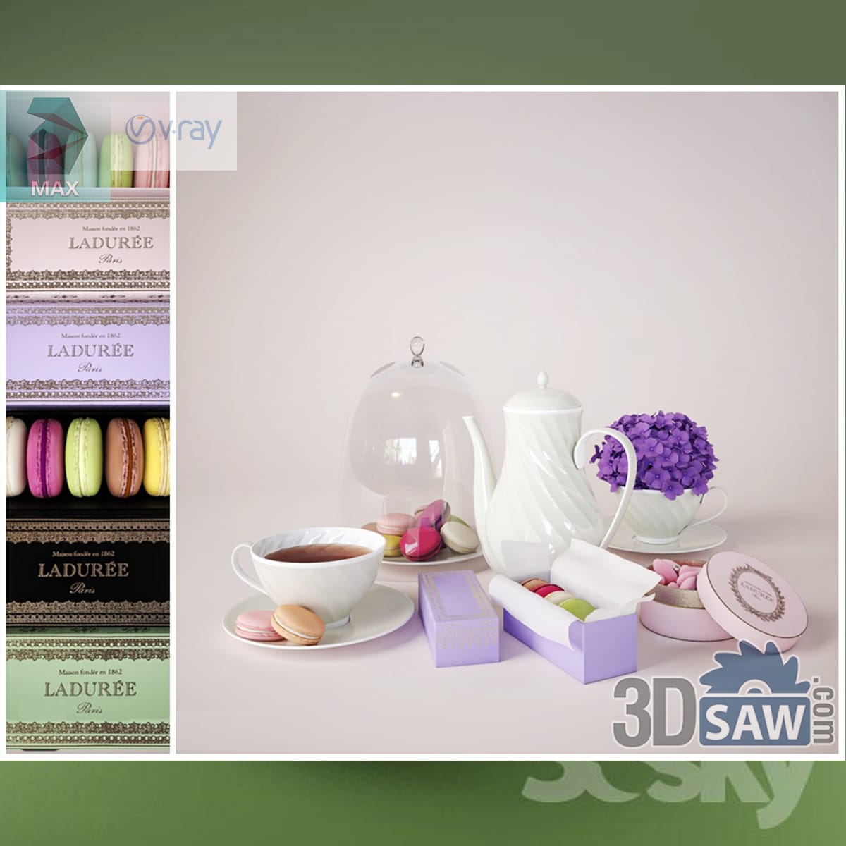White teapot and cup of tea with coloured macarons under a glass cloche and in gift boxes, plus hydrangea blooms