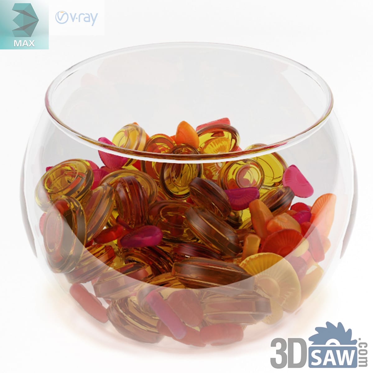 Round glass fishbowl vase filled with translucent amber, red and pink boiled sweets