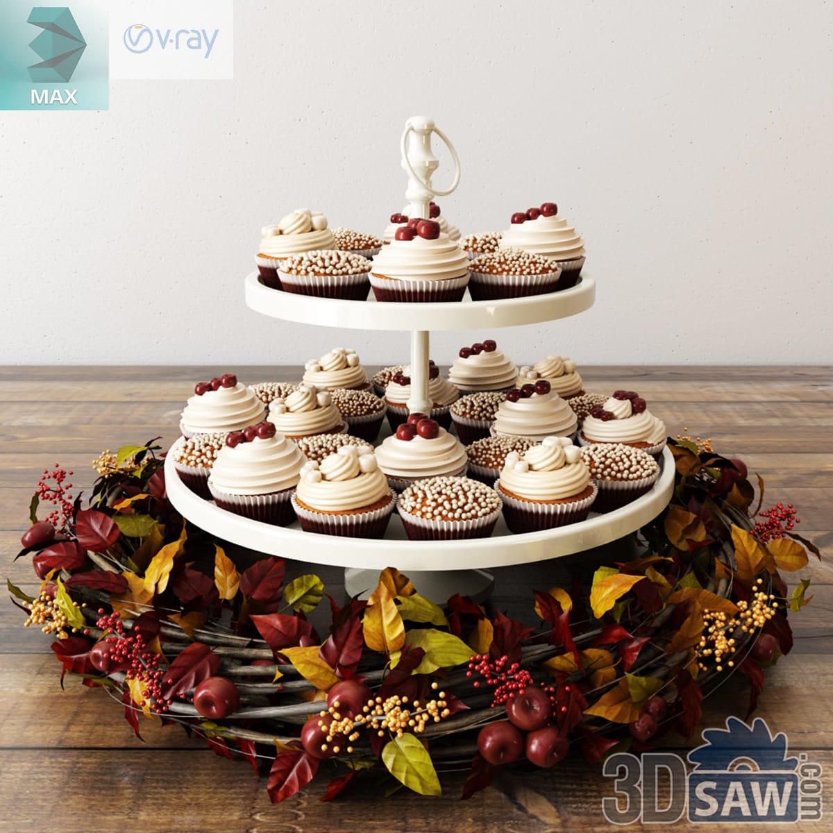 Two-tier white stand of cream-topped cupcakes with red berries, ringed by a twig wreath of rust and gold leaves