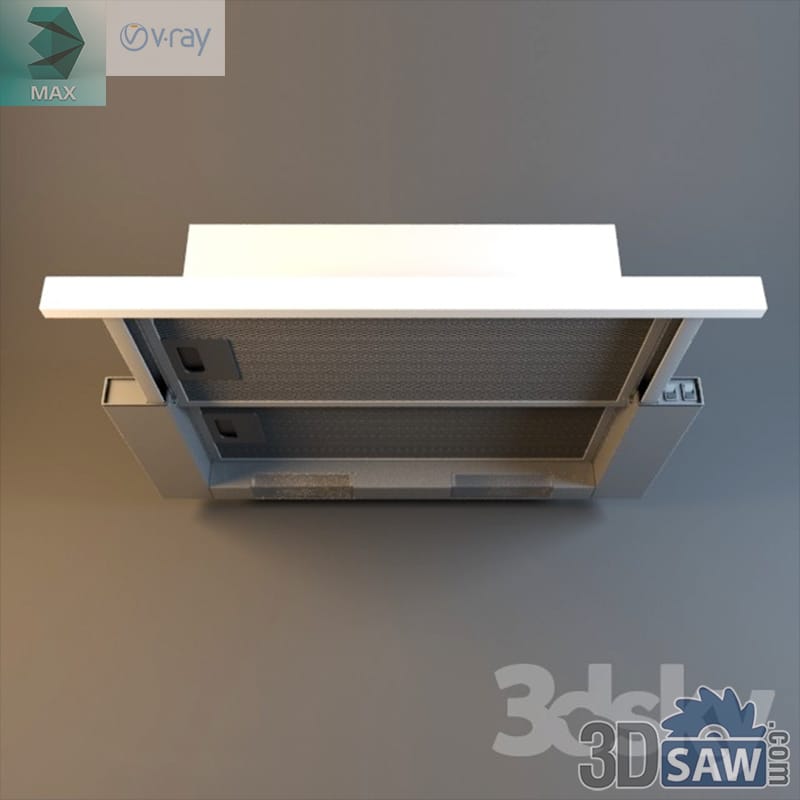 Shallow box cooker hood from below with a white glass top lip, a chrome body and two mesh grease filters