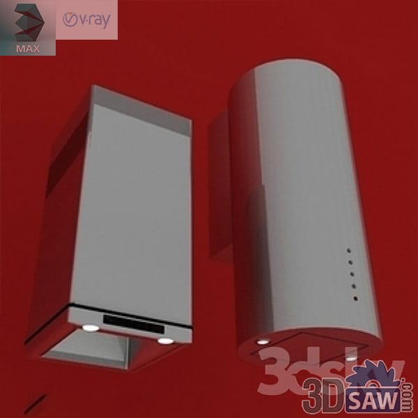 Two ceiling-mounted island cooker hoods, one a stainless box with a control bar, the other a smooth stainless cylinder