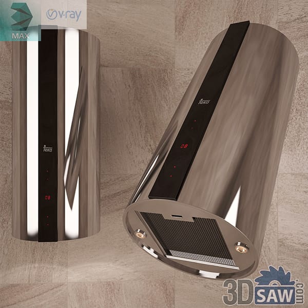 Cylindrical island cooker hood in mirror-polished stainless with a black glass control strip and a round mesh-filter underside
