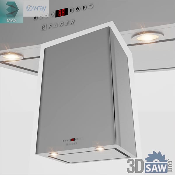 Rectangular brushed stainless box island cooker hood ceiling-mounted from a matching duct with a red digital readout