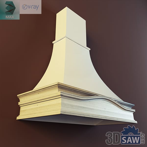 Range hood with a deep ogee-curved cream plaster canopy on a stepped light-oak cornice with a moulded lower lip