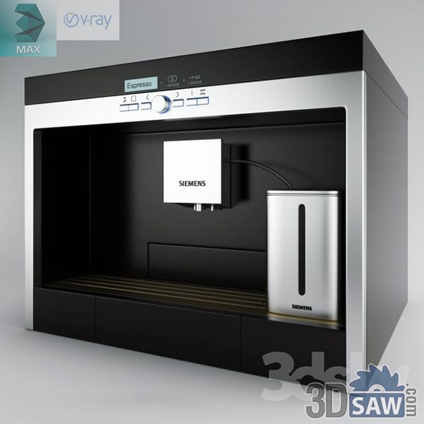 Built-in automatic coffee machine in a black cabinet niche with a brushed stainless panel, central dial, twin spout and a stainless milk canister