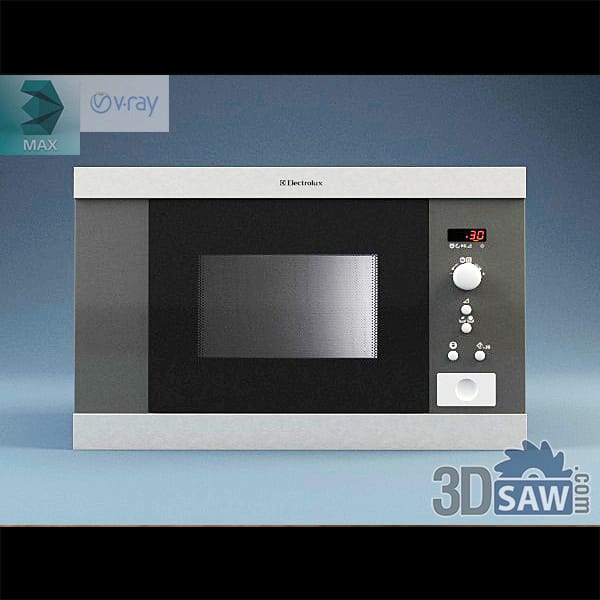 Built-in microwave in a brushed stainless frame with a black mesh-window door and a right-hand column of red display, white knob and buttons