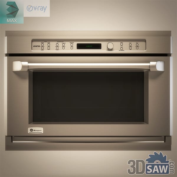 Pro-style built-in combination microwave in warm titanium with a large black glass door, heavy tubular handle with pale end caps and a button fascia
