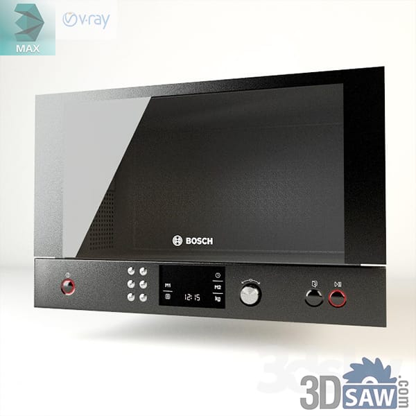Wide built-in microwave at an angle with a black glass front and a low control bar of red end buttons, a button pad, an LCD and a metal knob