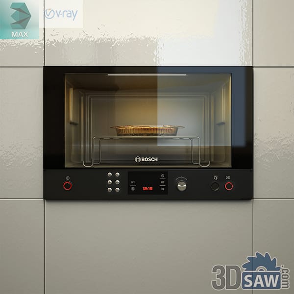 Built-in microwave set flush into a tiled wall, lit inside to show a pie on a wire stand, with a low fascia of buttons, a red clock and a knob