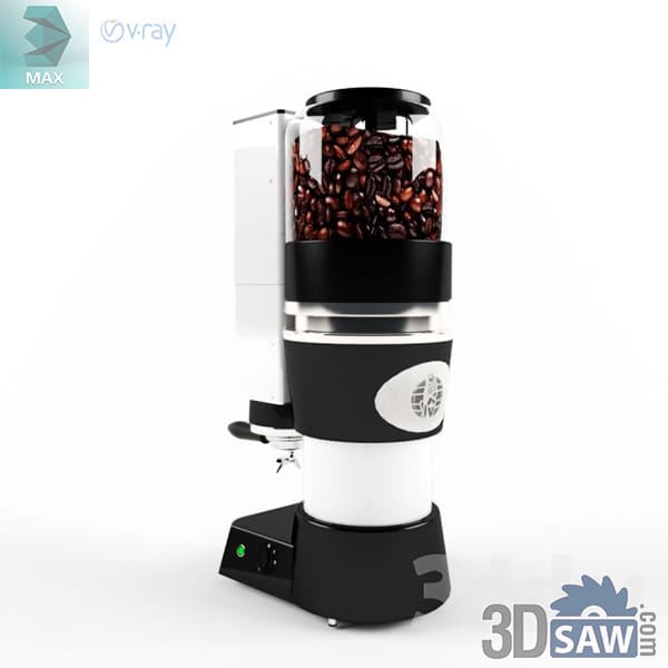 Commercial doser coffee grinder with a tall glass hopper of roasted beans, a black adjustment collar, a black-and-white body and a portafilter fork