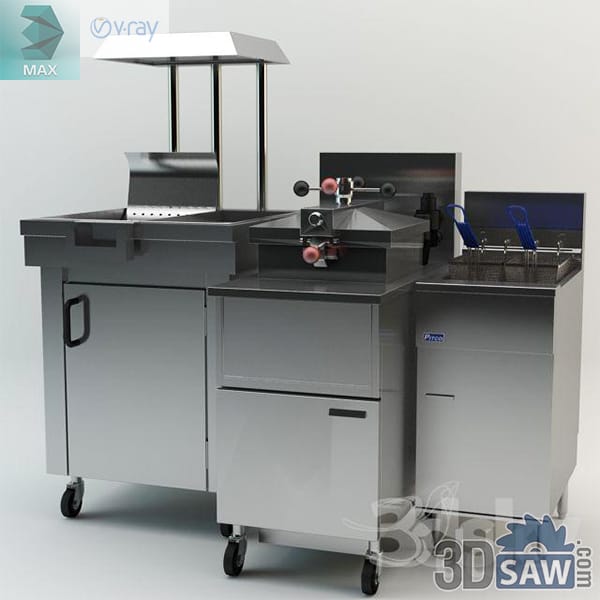Modular commercial stainless cooking line with a griddle, extraction hood and twin-basket fryer