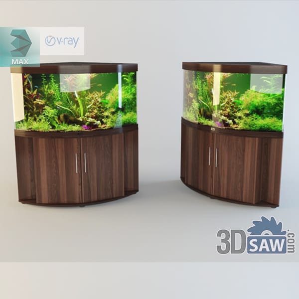 Corner bow-front planted aquariums on dark timber cabinets with schooling fish
