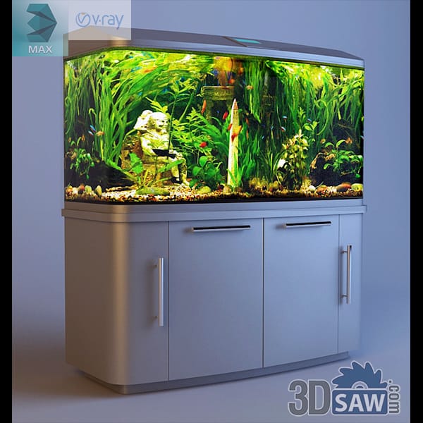 Rectangular planted aquarium on a grey cabinet stand with angelfish and a statue ornament