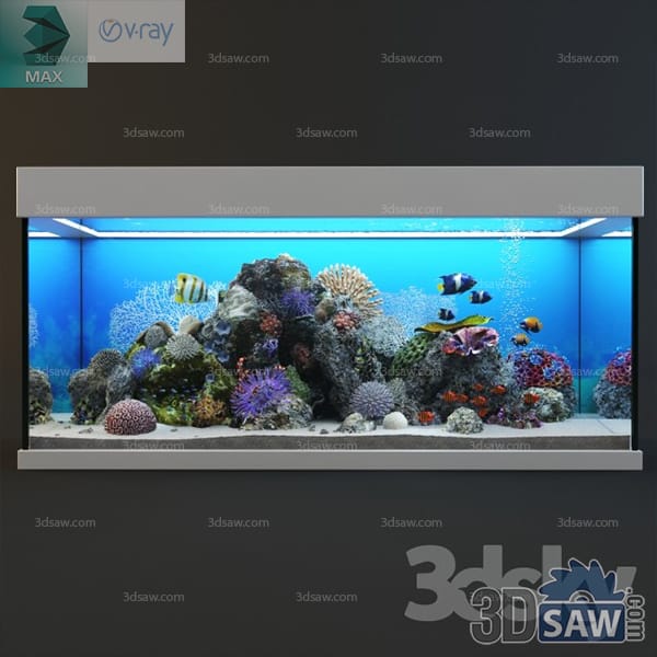 Large marine reef aquarium in a white cabinet base with a coral ridge and marine fish