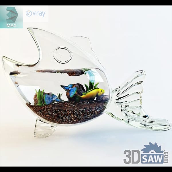 Blown-glass fish-shaped tabletop aquarium with gravel, plastic plants and two small fish