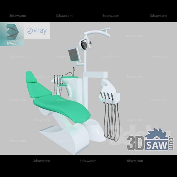 Mint-green dental treatment chair with instrument tray, spittoon, monitor and overhead light