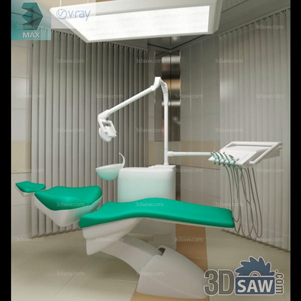 Dental chair unit with mint upholstery and a ceiling surgical light against a tiled clinic wall