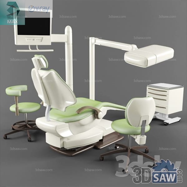 Dental operatory set with a green patient chair, delivery arm, dentist and assistant stools