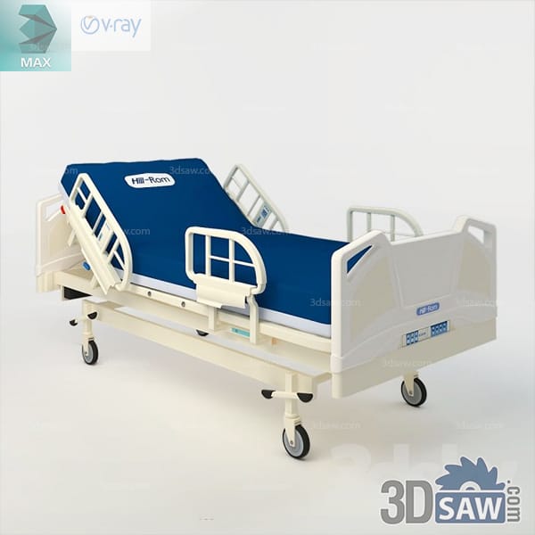 Adjustable electric hospital bed with a blue mattress, drop-down side rails and castors