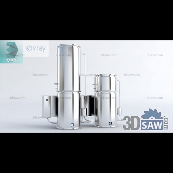 Two wall-mounted stainless steel water distillers with cylindrical chambers and side condensers