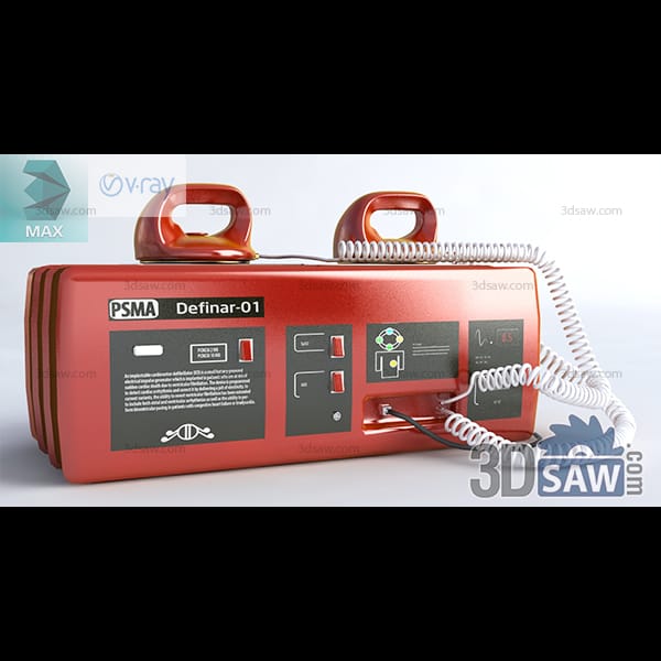 Boxy red portable defibrillator with two carry handles and coiled-cable paddles docked on top