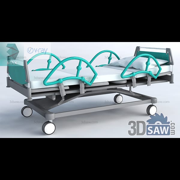 Adjustable hospital bed with teal head and foot boards, arched side rails and a chrome base on castors