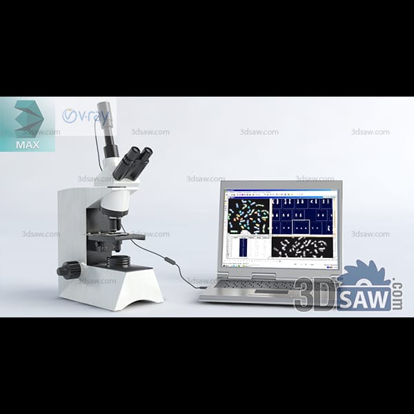 White binocular laboratory microscope connected by cable to a laptop running analysis software