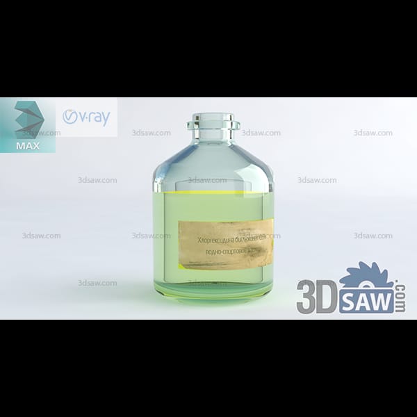 Round glass reagent bottle half full of pale green liquid with a ground-glass stopper and kraft label