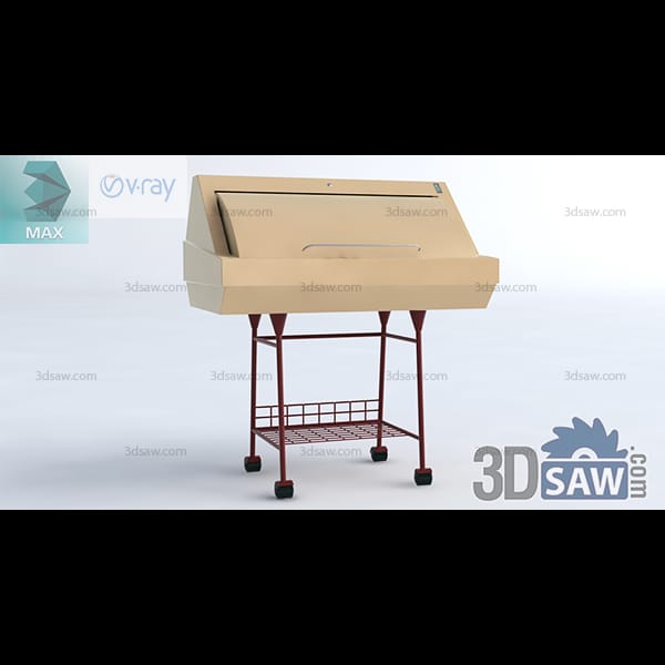 Cream sloped-top charting station with a hinged lid on a red steel frame with a mesh shelf and castors