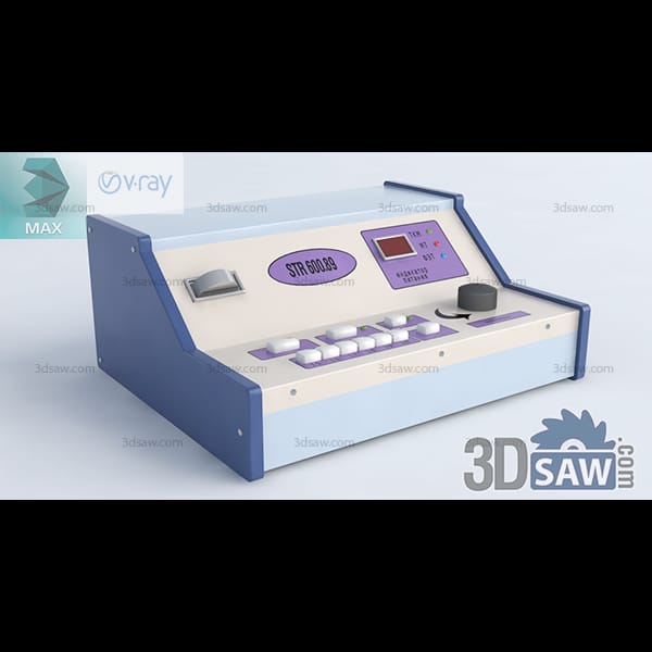 Desktop diagnostic console with a blue sloped case, white push buttons, a red readout and a corded probe