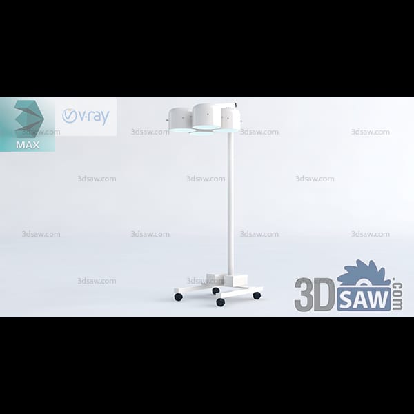 Rolling examination lamp with a cluster of small reflector heads on a tall post over a castored base