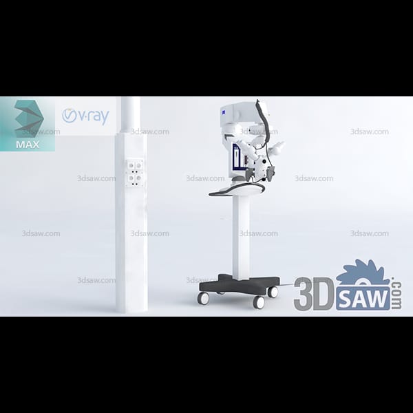 Surgical microscope with an angled binocular head on a counterbalanced arm over a wheeled column base