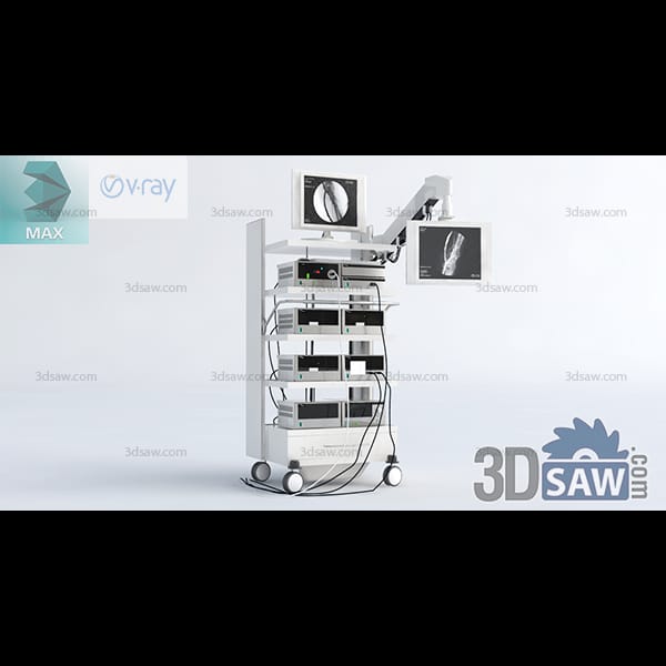 Stacked endoscopy tower with two swing-arm monitors, boxed processor modules and a castored base