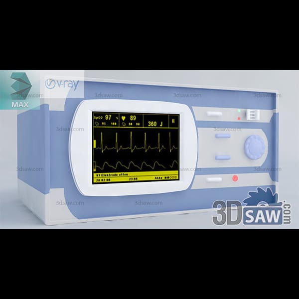 Two-tone blue benchtop defibrillator with a yellow ECG display, a rotary energy dial and a shock button