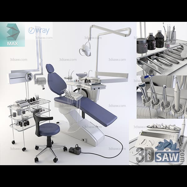 Slate-violet dental treatment chair with an operating light, cuspidor and glass instrument cart