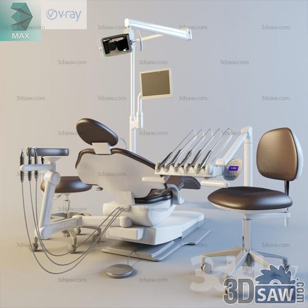 Modern dental treatment unit in espresso leather with two operator stools and an LED light
