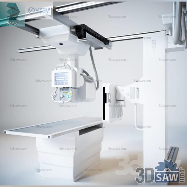 Ceiling-mounted X-ray radiography system with a tube crane on rails, a patient table and a wall stand