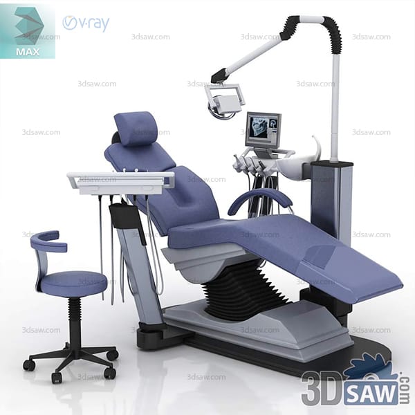 Periwinkle-blue dental treatment unit with an articulated screen, cuspidor and doctor's stool