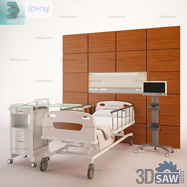 Adjustable hospital bed with side rails, an overbed table and a patient monitor by a timber wall