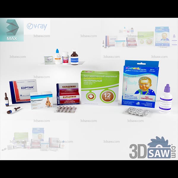 Assortment of pharmacy cartons, blister strips and dropper bottles on glass shelves