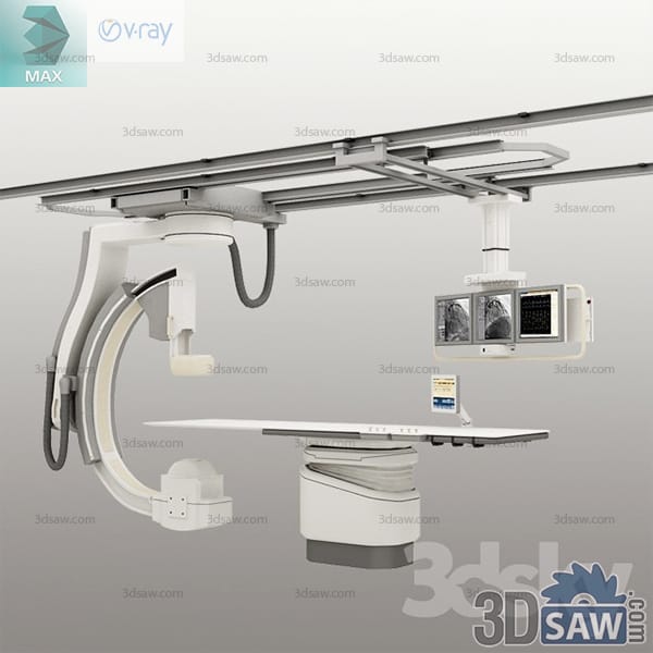 Ceiling-mounted fluoroscopy C-arm suite with an exam table and a suspended monitor cluster