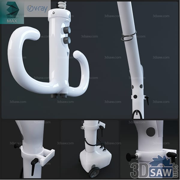 Close-up views of a white counter-balanced articulated medical equipment arm and clamp mount