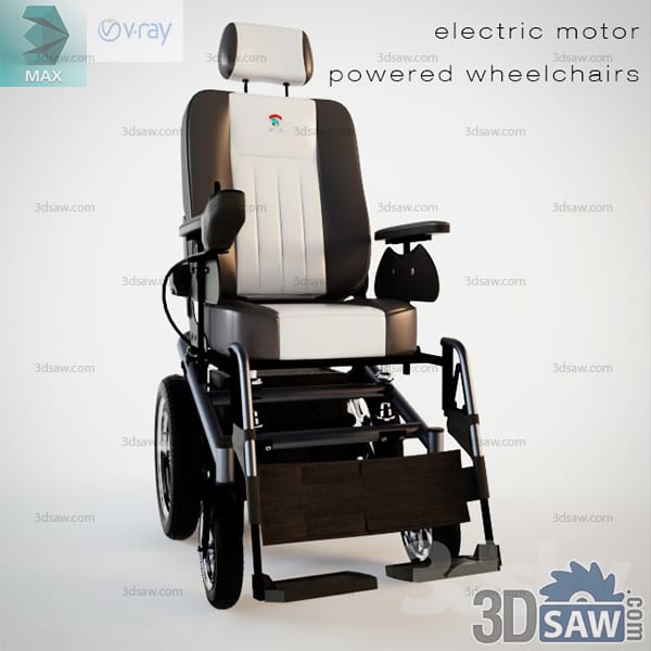 Motorised power wheelchair with a padded captain's seat, a joystick control and a battery frame