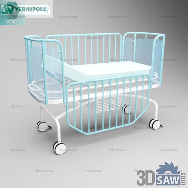 Hospital pediatric cot with mint drop-side bars, a tilting mattress base and castors