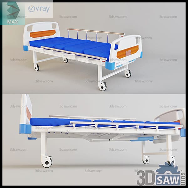 Two-crank manual hospital bed with a segmented blue mattress and swing-down side rails