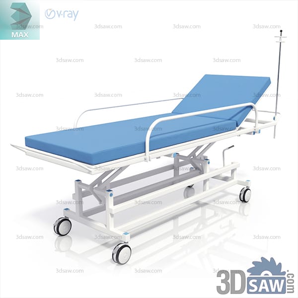 Height-adjustable transport stretcher with a blue pad, a scissor-lift frame and an IV pole