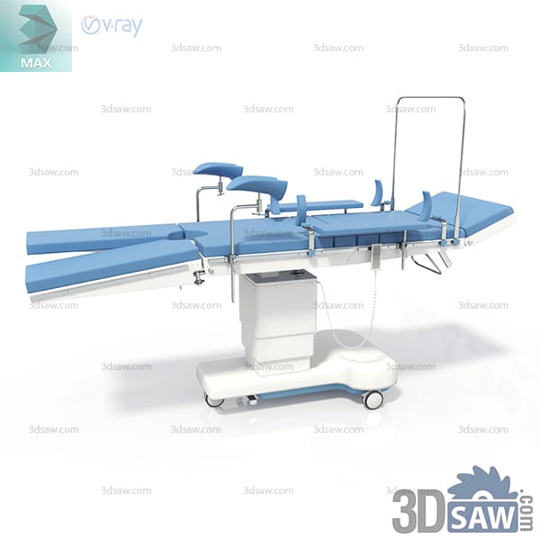 Obstetric delivery table with a padded blue top, adjustable leg supports and a wheeled base