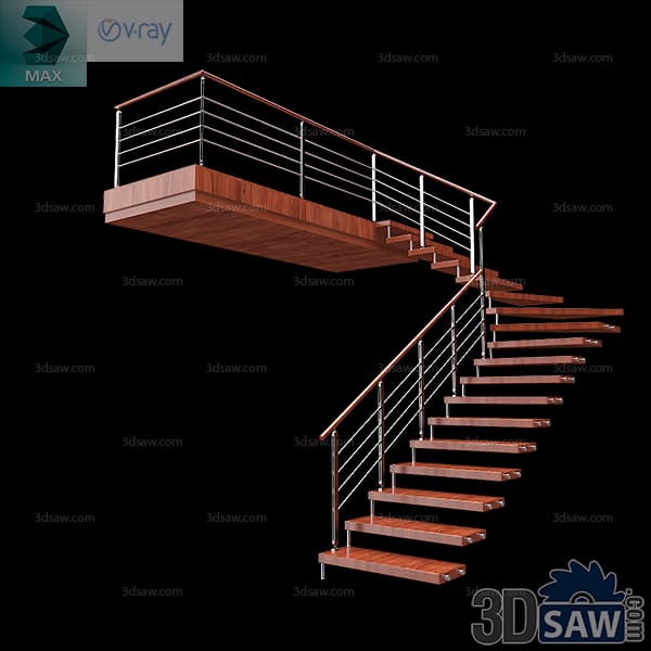 Straight mahogany staircase and landing walkway with a stainless horizontal-bar balustrade